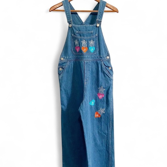 Vintage 90s Denim Overalls with Colorful Flower Heart Patches - Picture 1 of 6